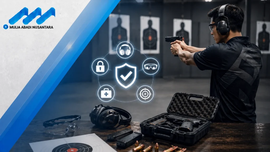 Standar keselamatan menembak dengan alat pelindung lengkap, perlengkapan profesional, dan fokus pada keamanan di shooting range.