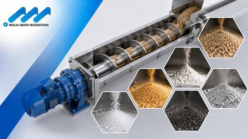 Screw conveyor industri dengan berbagai jenis material seperti biji-bijian, bubuk, dan pelet yang dapat dipindahkan