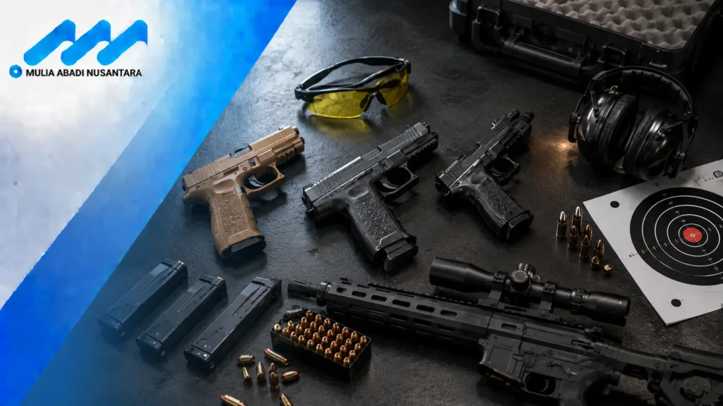 “Beragam peralatan menembak olahraga seperti pistol, rifle, pelindung telinga, kacamata safety, dan amunisi tersusun rapi.”