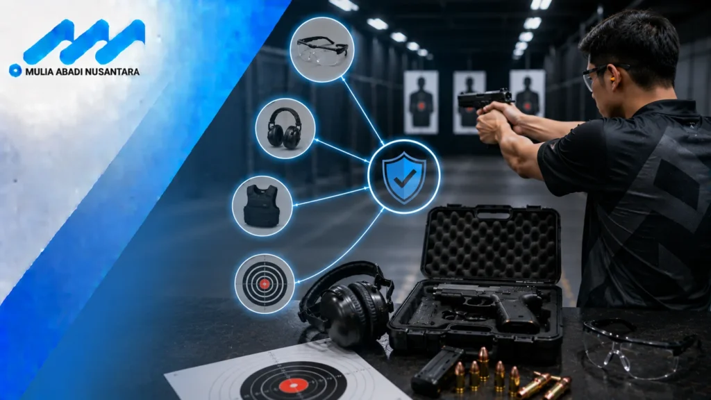 Perlengkapan menembak lengkap dengan alat pelindung dan perlengkapan keselamatan di indoor shooting range profesional