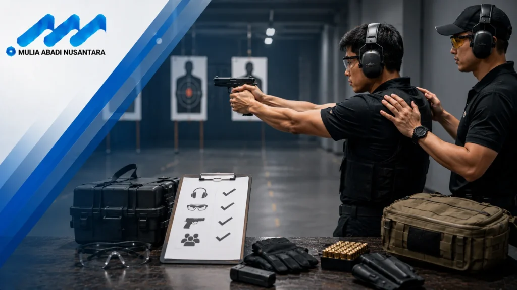 Latihan menembak aman dengan instruktur, perlengkapan pelindung lengkap, dan checklist keselamatan di shooting range.