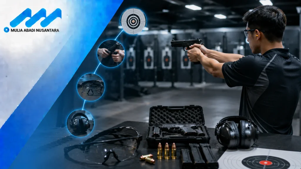 Atlet menembak di indoor shooting range dengan perlengkapan keselamatan dan peralatan profesional untuk olahraga menembak