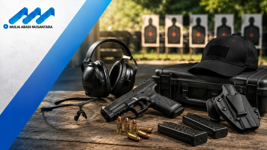 Perlengkapan menembak wajib seperti pistol, holster, pelindung telinga, kacamata safety, dan amunisi tersusun rapi