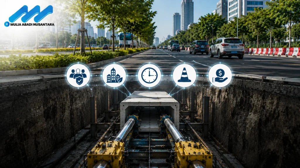 Metode trenchless untuk pembangunan utilitas bawah tanah tanpa mengganggu lalu lintas.
