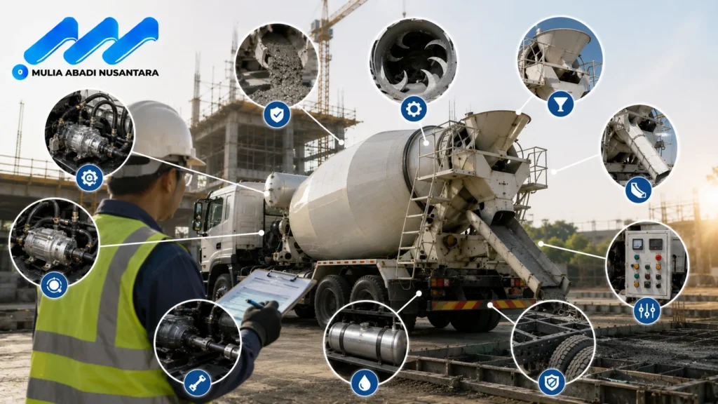 Truck mixer dengan komponen utama dan sistem kerja beton di proyek konstruksi.
