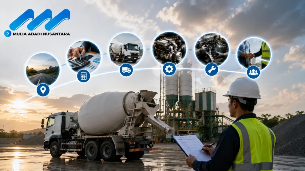 Banner catatan sebelum menentukan harga truck mixer menampilkan truck mixer di area batching plant, petugas melakukan evaluasi dan pemeriksaan spesifikasi, serta ikon faktor penilaian seperti biaya operasional, kondisi unit, layanan purna jual, lokasi distribusi, dan kerja sama penyedia, dengan logo Mulia Abadi Nusantara.