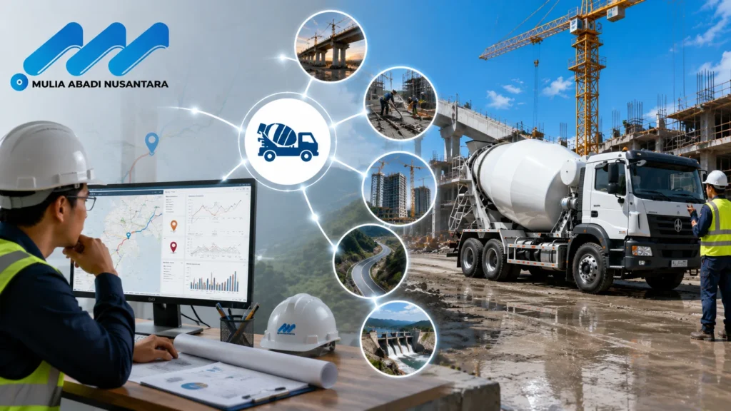 Banner penyedia truck mixer berdasarkan kebutuhan distribusi beton proyek dengan truck mixer di lokasi konstruksi, tim perencana memantau rute distribusi, ikon jaringan distribusi, serta logo Mulia Abadi Nusantara.