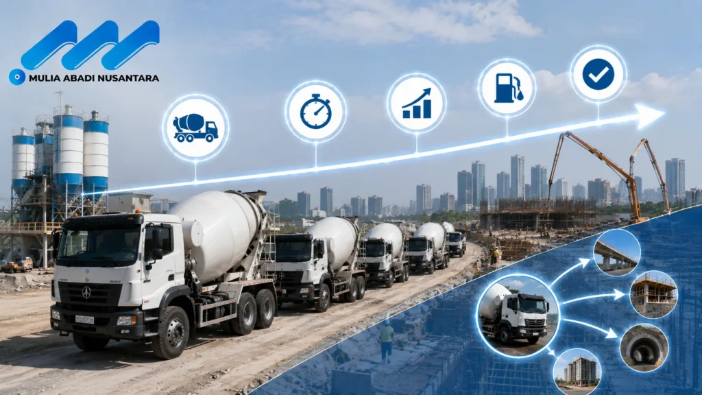 Banner pengaruh kapasitas truck mixer terhadap efisiensi distribusi beton menampilkan armada truck mixer dalam proses distribusi ke berbagai proyek konstruksi, dilengkapi ikon efisiensi waktu, produktivitas, konsumsi bahan bakar, dan target penyelesaian proyek, serta logo Mulia Abadi Nusantara.