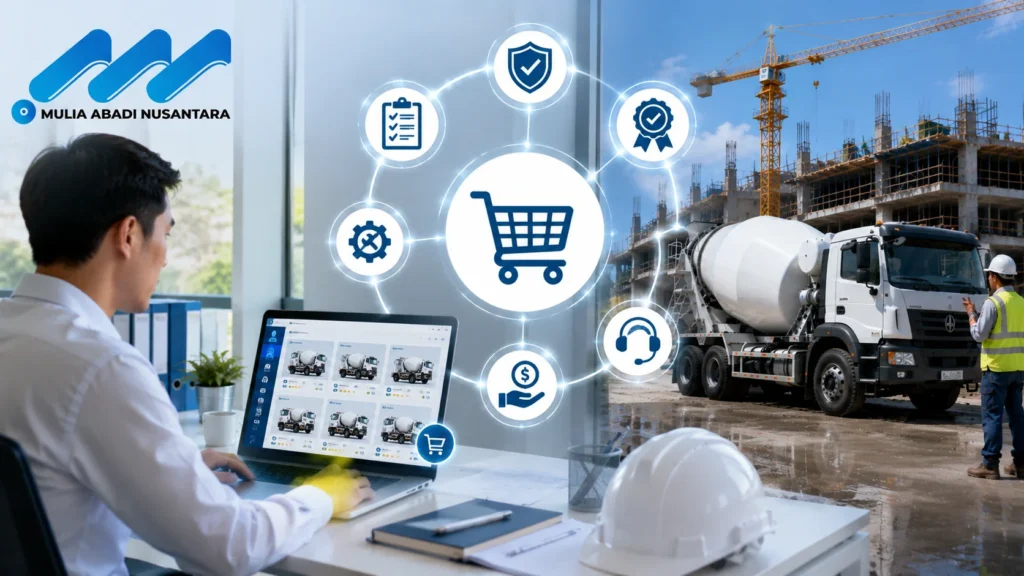 Banner pertimbangan memilih penyedia truck mixer di e-Katalog menampilkan proses seleksi digital melalui laptop, truck mixer di area konstruksi, ikon evaluasi vendor, kualitas layanan, dukungan teknis, dan logo Mulia Abadi Nusantara.