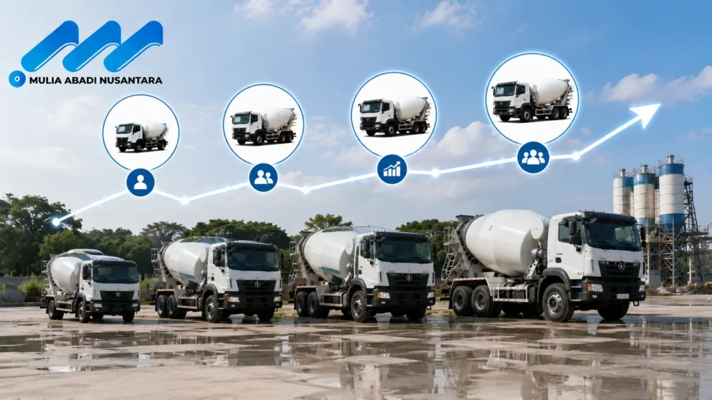 Banner referensi harga truck mixer terbaru berdasarkan kapasitas drum menampilkan beberapa truck mixer dengan ukuran drum berbeda di area batching plant, dilengkapi ikon kapasitas, pertumbuhan nilai investasi, dan logo Mulia Abadi Nusantara.