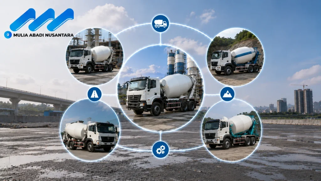 Banner jenis-jenis truck mixer yang banyak digunakan pada pengadaan proyek pemerintah menampilkan beberapa tipe truck mixer untuk berbagai kebutuhan konstruksi, dengan latar proyek jalan, gedung, dan infrastruktur, dilengkapi ikon kategori penggunaan serta logo Mulia Abadi Nusantara.
