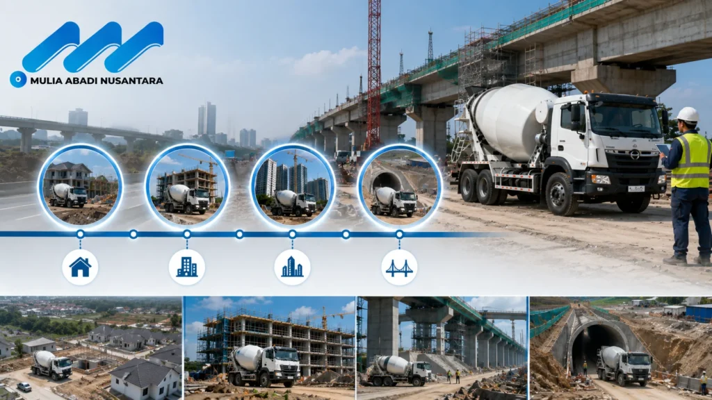 Banner panduan kapasitas truck mixer berdasarkan skala proyek infrastruktur menampilkan truck mixer pada berbagai jenis proyek konstruksi seperti perumahan, gedung bertingkat, jalan layang, dan terowongan, dengan ikon kategori proyek serta logo Mulia Abadi Nusantara.