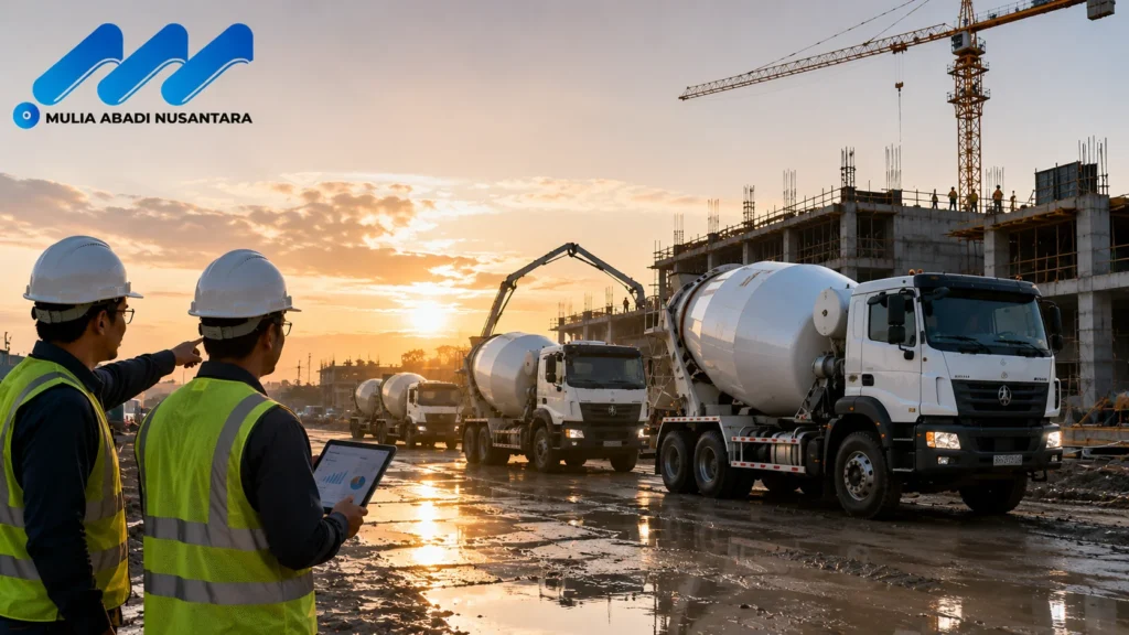 Banner kapasitas truck mixer dan pengaruhnya terhadap efisiensi proyek menampilkan armada truck mixer di area konstruksi, pengawas proyek melakukan monitoring lapangan, serta aktivitas pengecoran beton pada proyek pembangunan gedung.