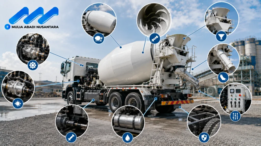 Banner komponen utama yang mendukung cara kerja truck mixer menampilkan truck mixer dengan penunjuk ke komponen penting seperti drum mixer, spiral blade, hydraulic pump, hydraulic motor, PTO, water tank, hopper, discharge chute, control panel, dan chassis truck di area batching plant, serta logo Mulia Abadi Nusantara.