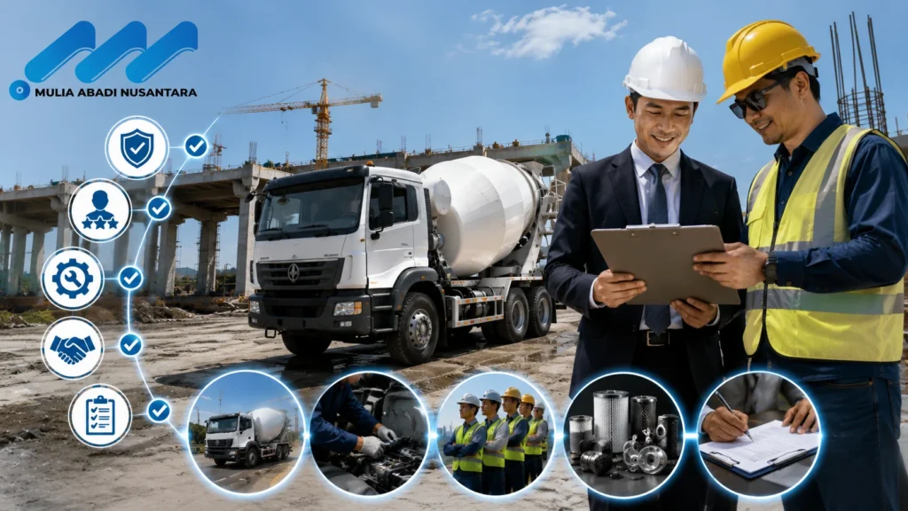 Banner kriteria penyedia truck mixer untuk instansi pemerintah menampilkan truck mixer di proyek konstruksi, tim profesional melakukan evaluasi, ikon kualitas layanan, inspeksi teknis, dukungan purna jual, dan logo Mulia Abadi Nusantara.