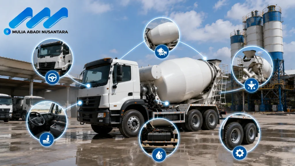 Banner mengenal truck mixer menampilkan truck mixer di area batching plant dengan sorotan pada bagian utama kendaraan seperti kabin, drum mixer, sistem penggerak, roda, dan saluran pembuangan beton, serta logo Mulia Abadi Nusantara.