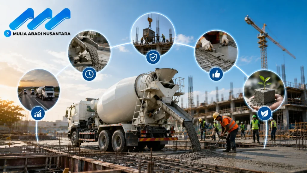 Banner mengapa truck mixer penting dalam konstruksi menampilkan truck mixer yang sedang mendistribusikan beton di proyek pembangunan gedung, pekerja konstruksi di lapangan, serta ikon yang menggambarkan efisiensi waktu, kualitas beton, keamanan proyek, produktivitas, dan keberlanjutan, dengan logo Mulia Abadi Nusantara.