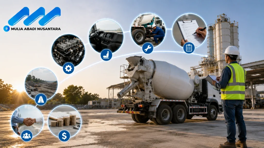 Banner catatan penting sebelum memilih truck mixer menampilkan truck mixer di area batching plant, petugas melakukan inspeksi unit, serta ikon evaluasi spesifikasi, kondisi kendaraan, biaya operasional, kesiapan proyek, layanan purna jual, dan kerja sama penyedia, dengan logo Mulia Abadi Nusantara.