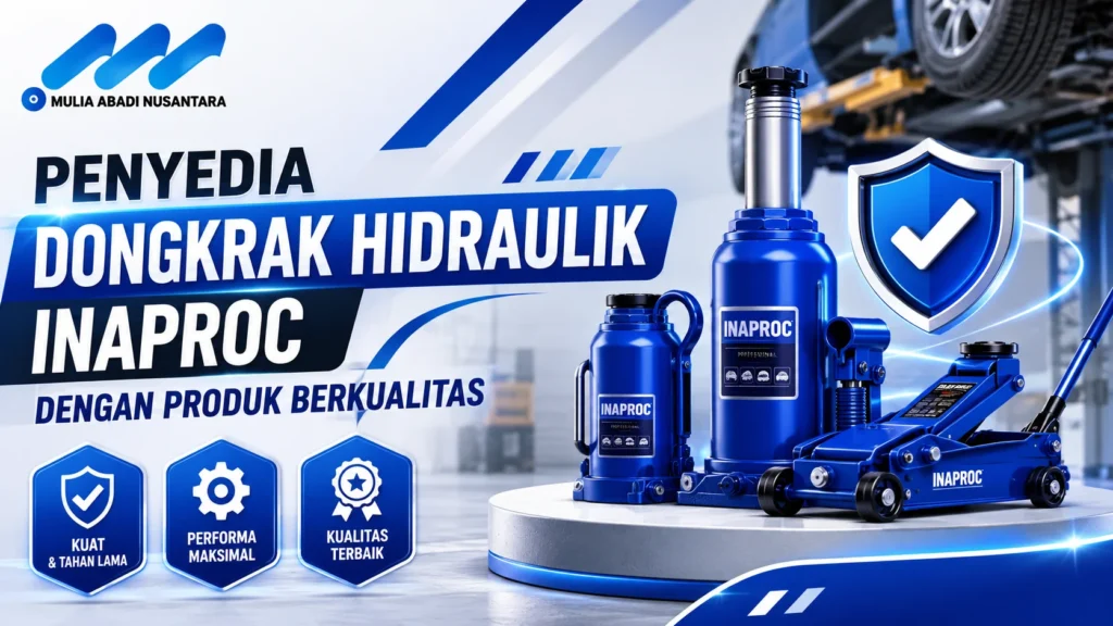 Banner penyedia dongkrak hidraulik Inaproc dengan ilustrasi dongkrak hidraulik berkualitas dan simbol keandalan produk.