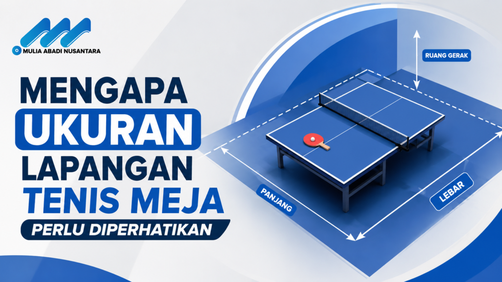 "Banner 16:9 bertema ukuran lapangan tenis meja dengan ilustrasi meja pingpong, garis dimensi panjang dan lebar, logo Mulia Abadi Nusantara, serta desain minimalis bernuansa biru profesional."