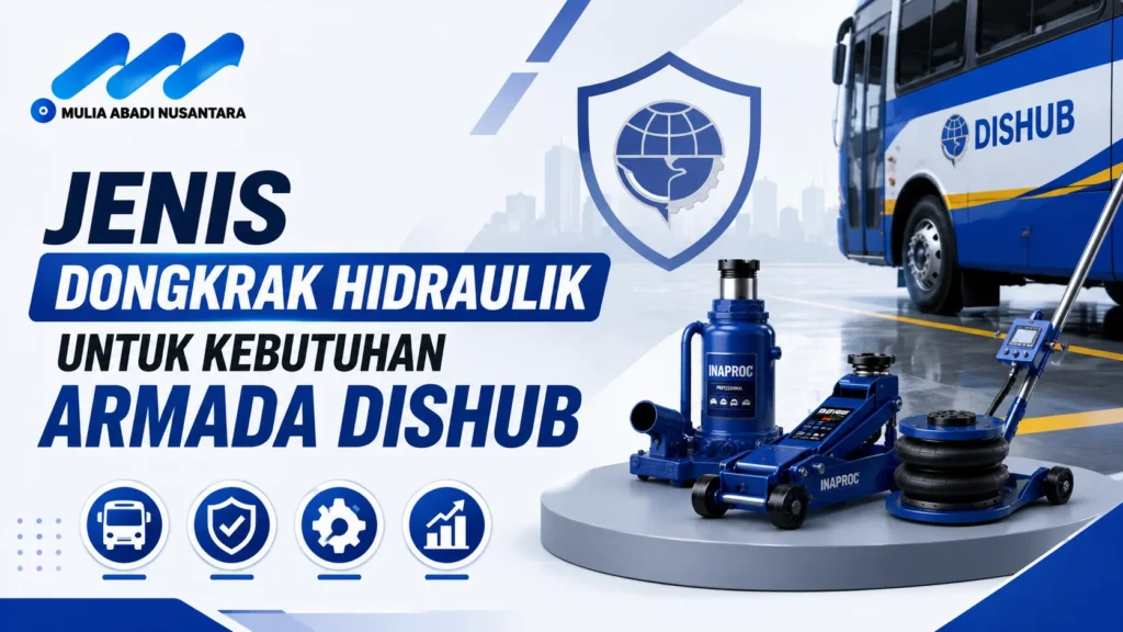 Banner jenis dongkrak hidraulik untuk armada Dishub dengan ilustrasi bus, dongkrak hidraulik, dan peralatan perawatan kendaraan.