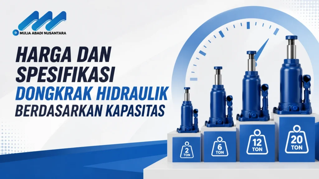 Banner minimalis bertema “Harga dan Spesifikasi Dongkrak Hidraulik Berdasarkan Kapasitas” dengan logo Mulia Abadi Nusantara, menampilkan beberapa dongkrak hidraulik berbagai kapasitas yang disusun bertingkat pada latar modern biru-putih rasio 16:9.