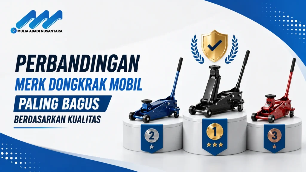 Banner perbandingan merek dongkrak mobil dengan ilustrasi tiga dongkrak dan simbol peringkat kualitas.