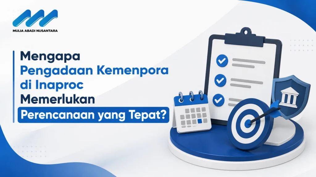 Banner pengadaan Kemenpora di Inaproc dengan ilustrasi checklist perencanaan, kalender, target, dan simbol pengadaan yang terarah.