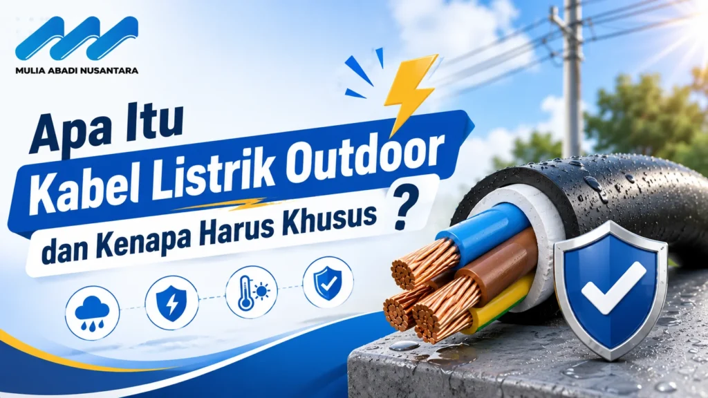 Banner kabel listrik outdoor dengan ilustrasi kabel tahan cuaca, simbol perlindungan, dan instalasi listrik luar ruangan.