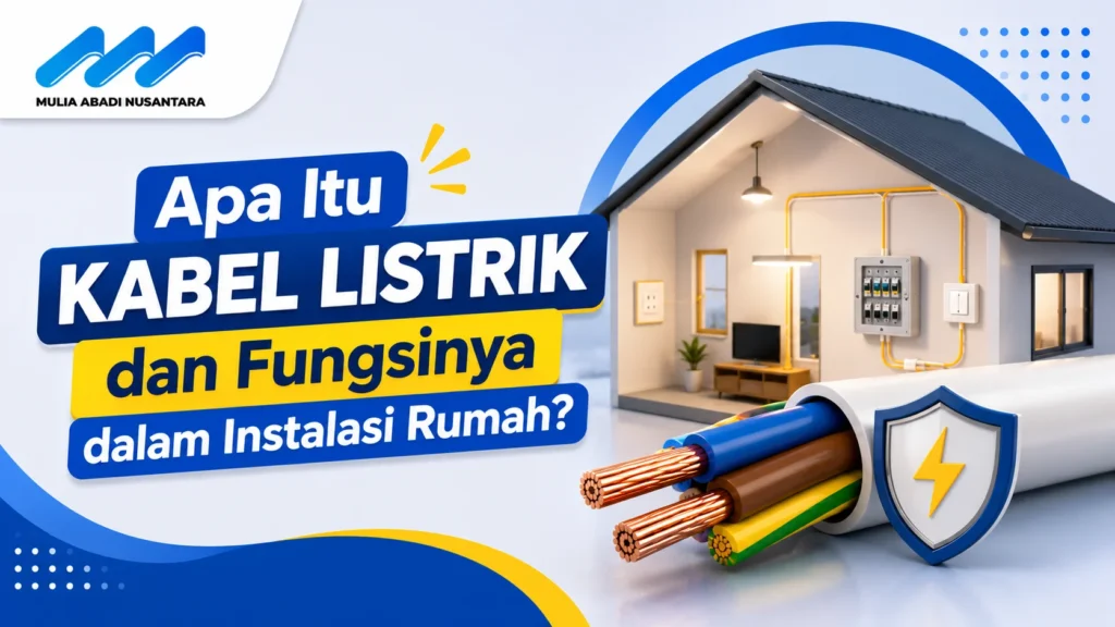 Banner kabel listrik rumah dengan ilustrasi instalasi listrik, potongan kabel berinti tembaga, dan simbol keamanan kelistrikan.