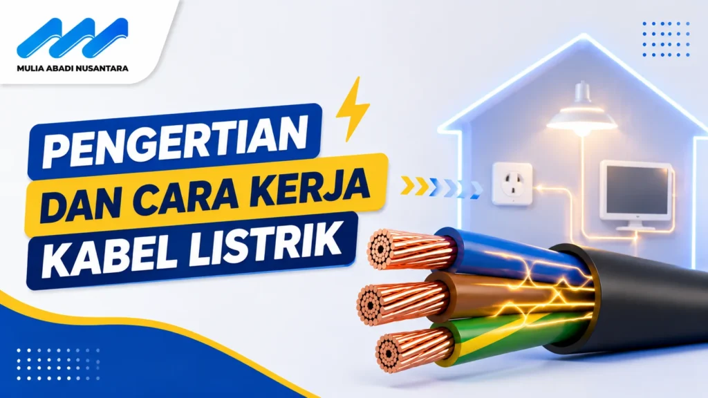 Banner pengertian dan cara kerja kabel listrik dengan ilustrasi kabel berinti tembaga, aliran listrik, dan instalasi rumah tangga.
