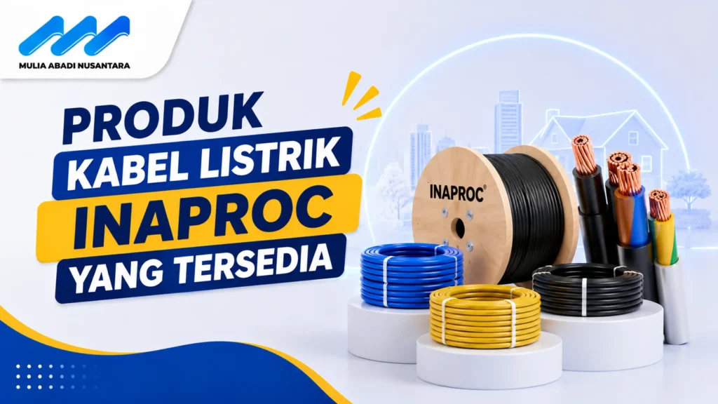 Banner produk kabel listrik Inaproc dengan ilustrasi gulungan kabel, kabel berinti tembaga, dan berbagai jenis kabel untuk kebutuhan instalasi listrik.