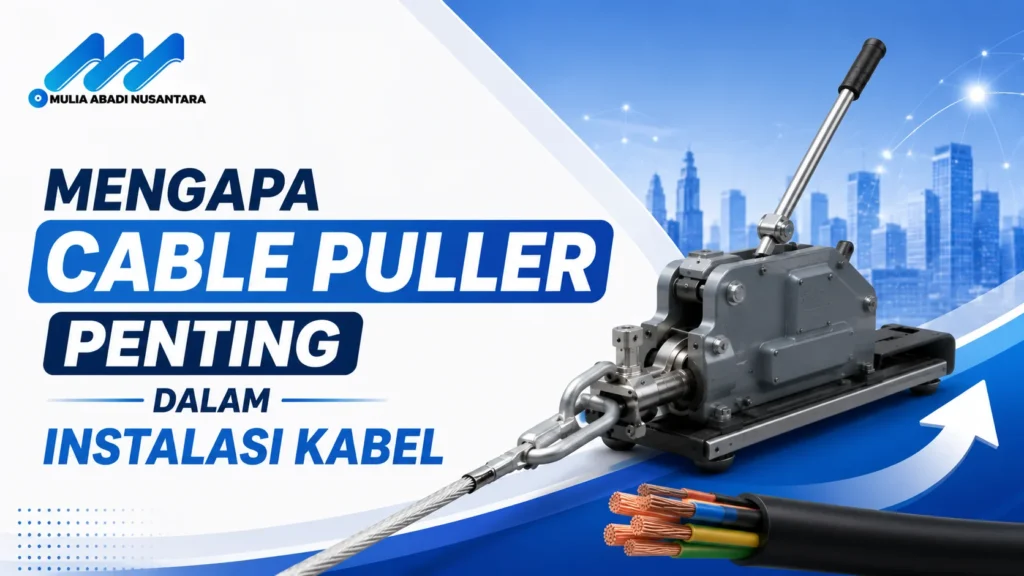"Banner 16:9 bertema pentingnya cable puller dalam instalasi kabel dengan ilustrasi alat penarik kabel, kabel tembaga, panah proses instalasi, logo Mulia Abadi Nusantara, dan desain minimalis profesional bernuansa biru."