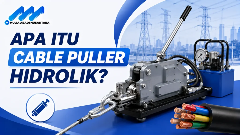 "Banner 16:9 bertema apa itu cable puller hidrolik dengan ilustrasi alat penarik kabel hidrolik, kabel tembaga, elemen teknis industri, logo Mulia Abadi Nusantara, dan desain minimalis profesional bernuansa biru."
