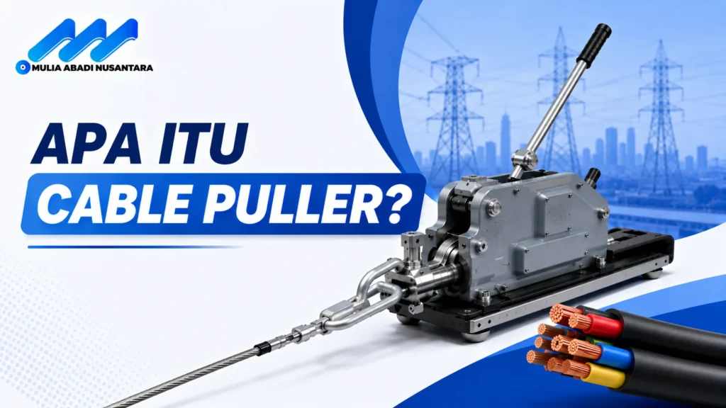 "Banner 16:9 bertema apa itu cable puller dengan ilustrasi alat penarik kabel, kabel tembaga, latar jaringan listrik, logo Mulia Abadi Nusantara, dan desain minimalis profesional bernuansa biru."