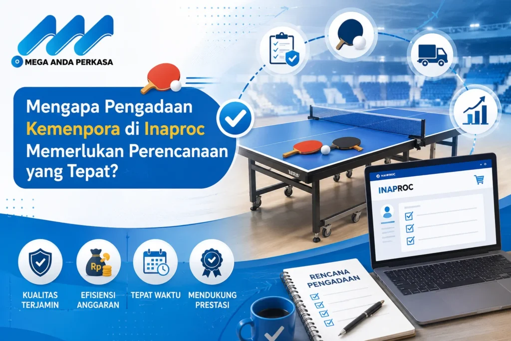 Banner pengadaan Kemenpora di Inaproc dengan ilustrasi meja tenis, laptop sistem pengadaan, ikon perencanaan dan efisiensi, serta logo Mega Anda Perkasa dalam nuansa biru profesional.