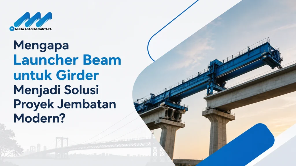 Banner Launcher Beam untuk Girder sebagai solusi proyek jembatan modern dengan logo Mulia Abadi Nusantara.