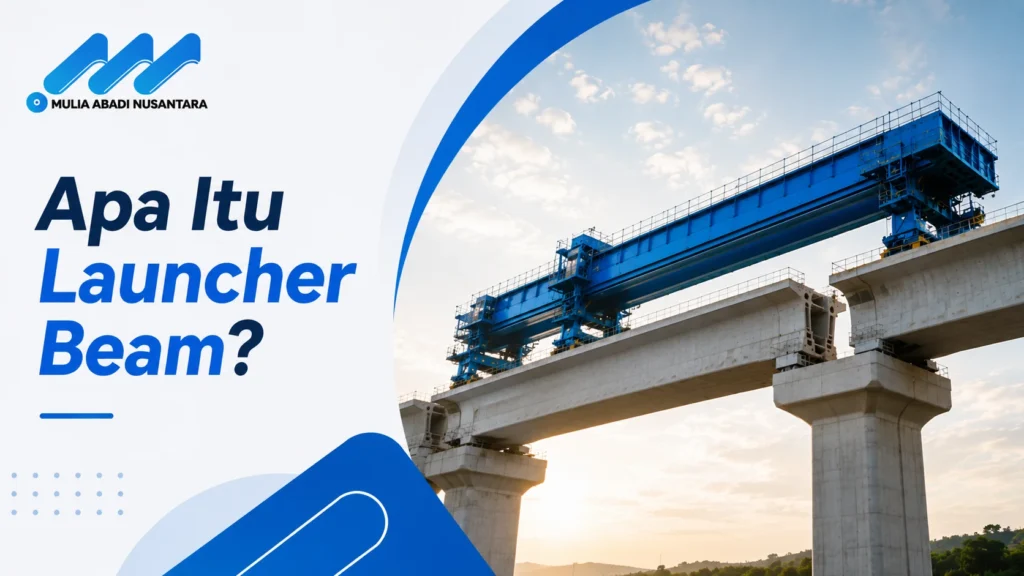 Banner pengenalan Launcher Beam pada proyek konstruksi jembatan dengan logo Mulia Abadi Nusantara.
