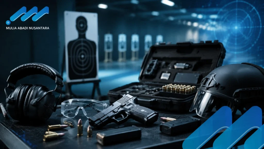 Standar peralatan menembak dengan alat pelindung lengkap, perlengkapan profesional, dan fokus pada keamanan di shooting range.