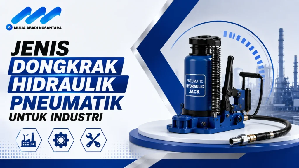 Banner jenis dongkrak hidraulik pneumatik untuk industri dengan ilustrasi pneumatic jack, selang hidraulik, dan latar fasilitas industri.