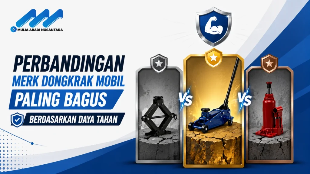 Banner perbandingan merek dongkrak mobil dengan tiga jenis dongkrak dan simbol ketahanan sebagai indikator daya tahan.