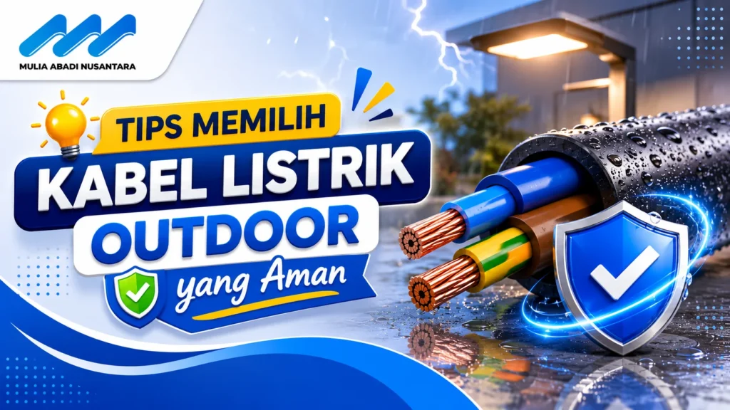 Banner tips memilih kabel listrik outdoor yang aman dengan ilustrasi kabel tahan cuaca dan simbol perlindungan listrik.