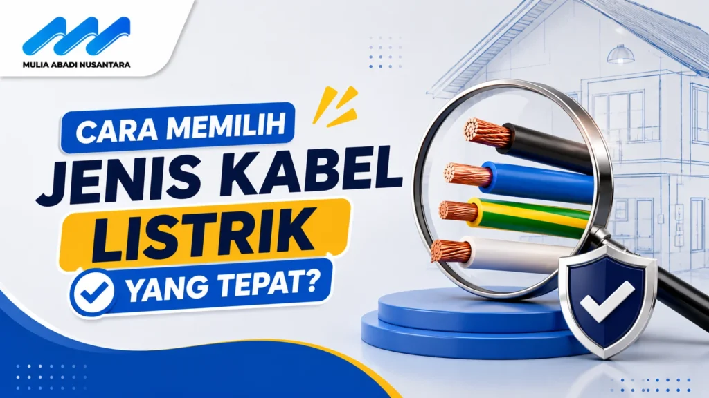 Banner panduan memilih jenis kabel listrik dengan ilustrasi berbagai kabel berinti tembaga, kaca pembesar, dan simbol keamanan instalasi listrik.