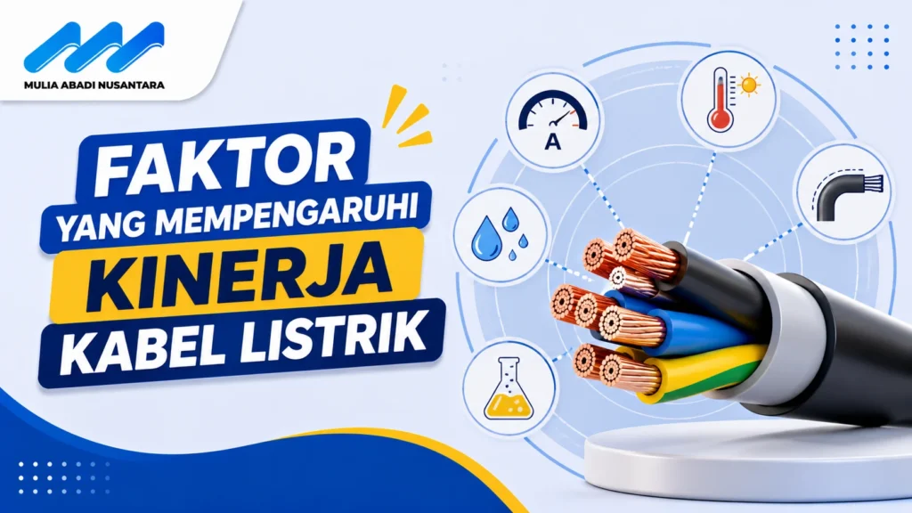 Banner faktor yang mempengaruhi kinerja kabel listrik dengan ilustrasi kabel berinti tembaga dan ikon suhu, arus listrik, kelembapan, serta kondisi lingkungan.