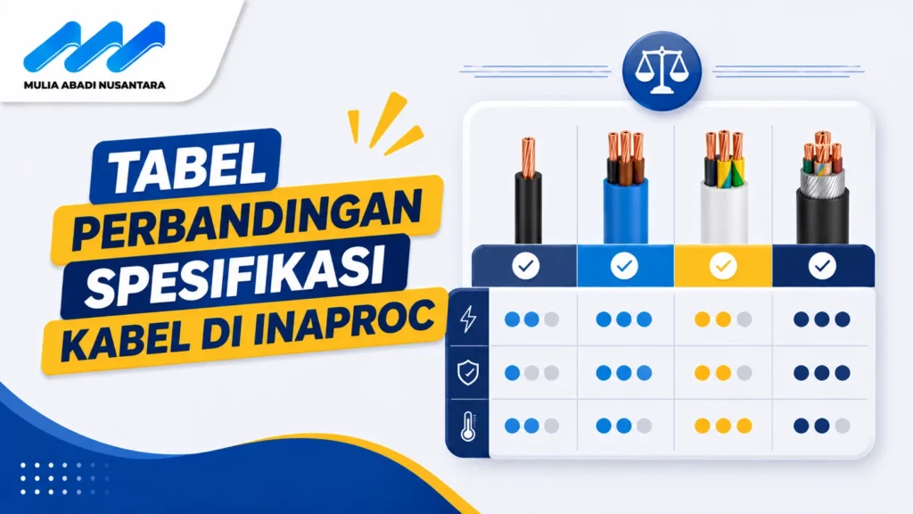 Banner tabel perbandingan spesifikasi kabel di Inaproc dengan ilustrasi beberapa jenis kabel listrik dan grafik perbandingan fitur.