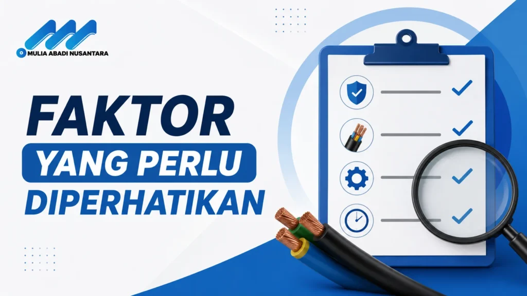 "Banner 16:9 bertema faktor yang perlu diperhatikan dengan ilustrasi checklist, kaca pembesar, kabel tembaga, logo Mulia Abadi Nusantara, dan desain minimalis profesional bernuansa biru."