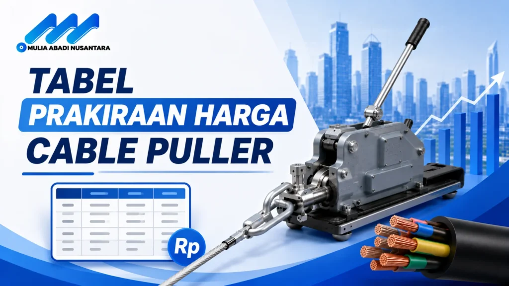"Banner 16:9 bertema tabel prakiraan harga cable puller dengan ilustrasi alat penarik kabel, tabel harga, grafik kenaikan biaya, kabel tembaga, logo Mulia Abadi Nusantara, dan desain minimalis profesional bernuansa biru."