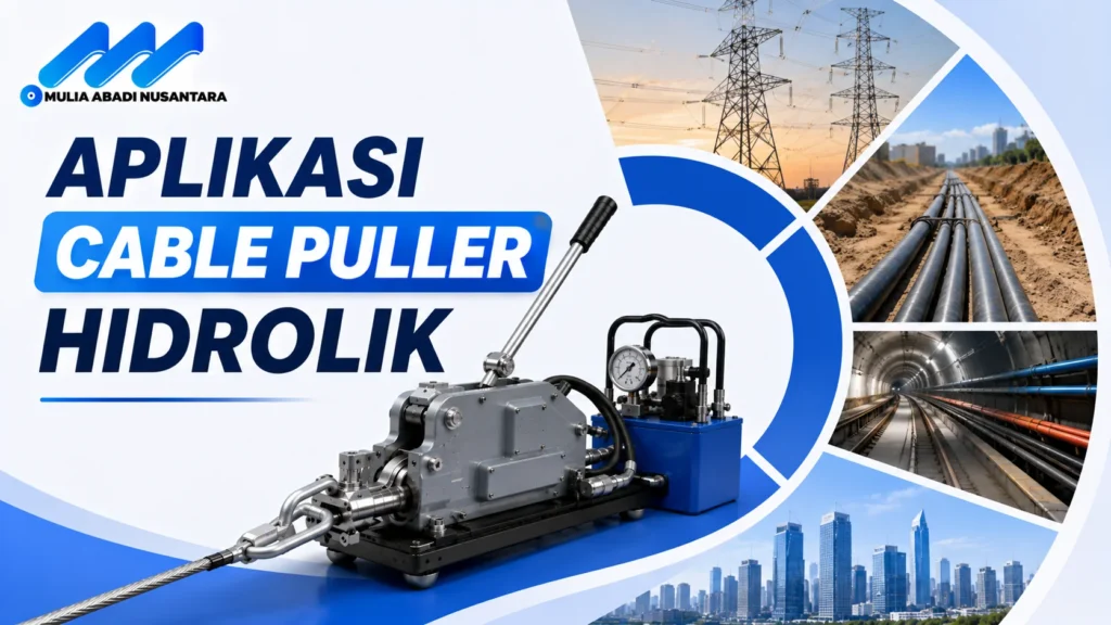"Banner 16:9 bertema aplikasi cable puller hidrolik dengan ilustrasi alat penarik kabel hidrolik, proyek jaringan listrik dan utilitas bawah tanah, logo Mulia Abadi Nusantara, serta desain minimalis profesional bernuansa biru."