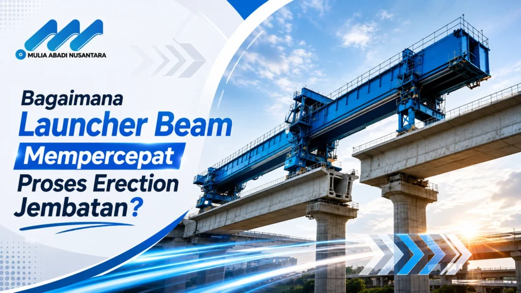 Banner Launcher Beam mempercepat proses erection jembatan dengan logo Mulia Abadi Nusantara.