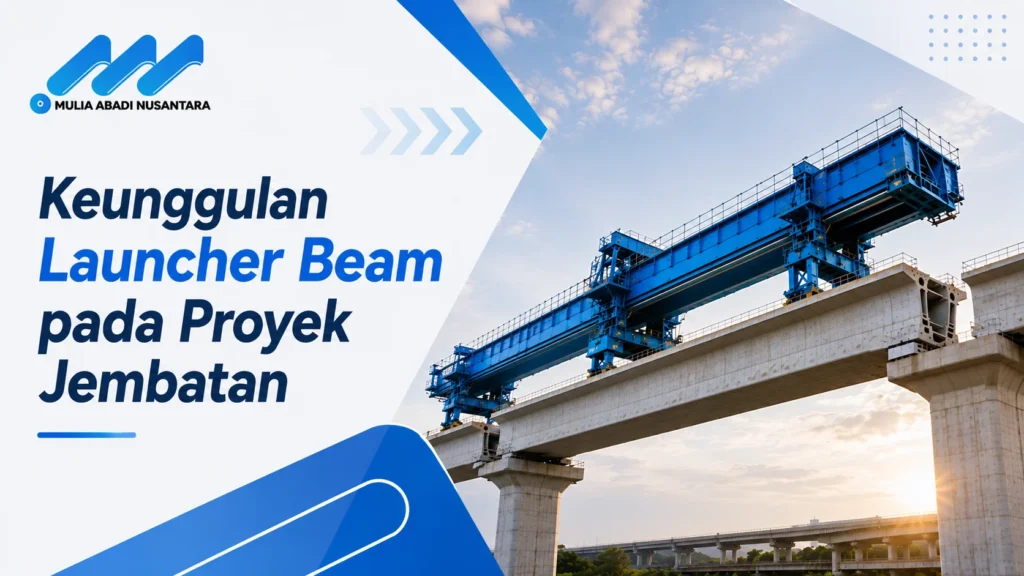 Banner keunggulan Launcher Beam pada proyek jembatan dengan logo Mulia Abadi Nusantara.